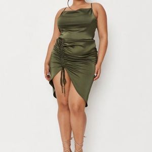 Missguided Plus Size Khaki Satin Ruched Cowl Neck Mini Dress Sz 16